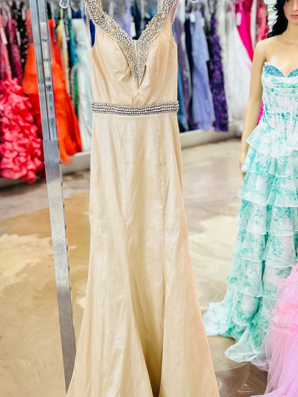 Beaded V-Neck Champagne Prom Gown